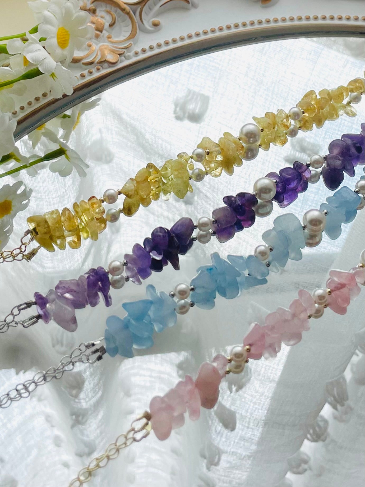 【B06】Handmade Natural Irregular Crystal Bracelet with Swarovski Pearls & Gold-Plated Findings