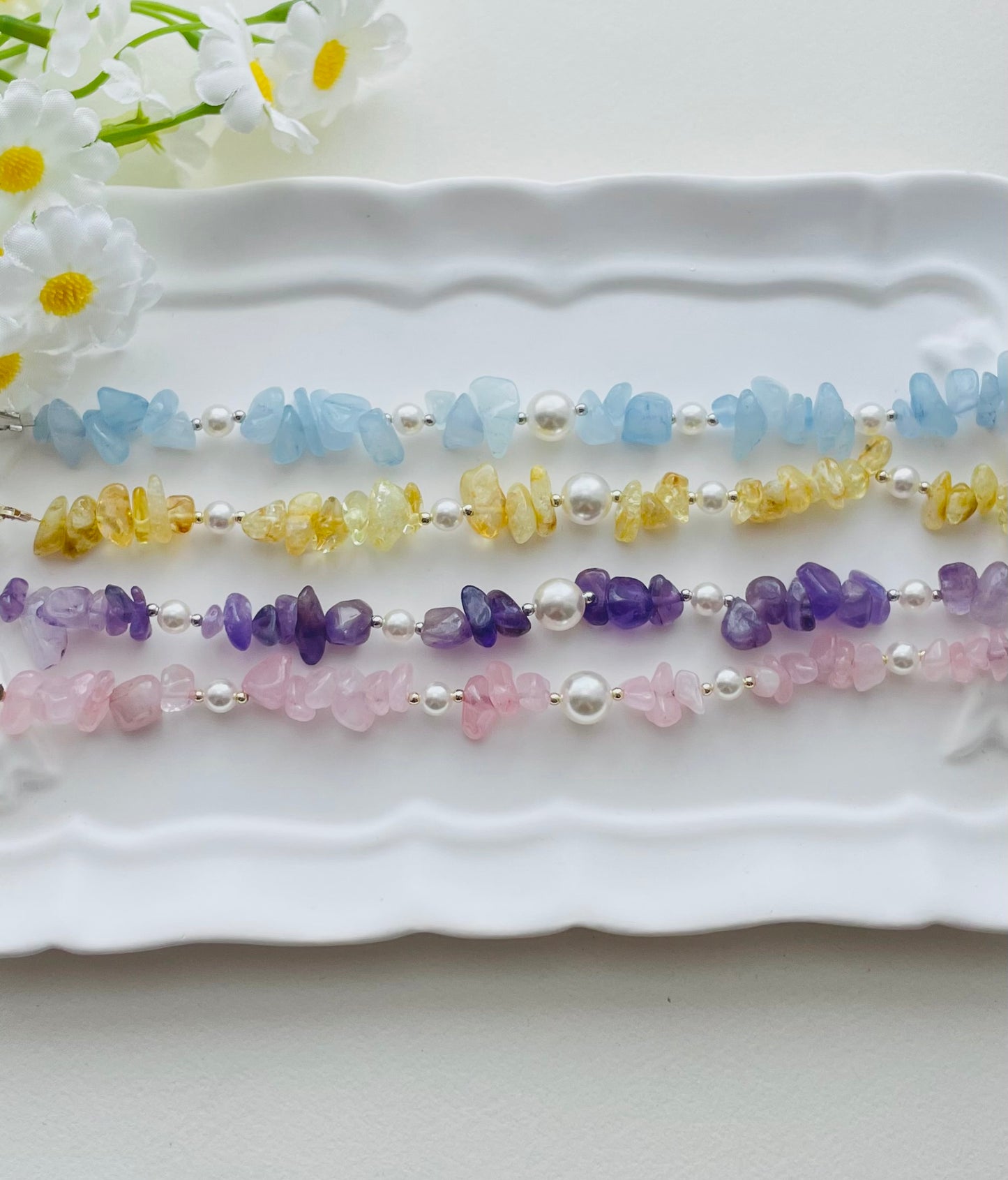 【B06】Handmade Natural Irregular Crystal Bracelet with Swarovski Pearls & Gold-Plated Findings