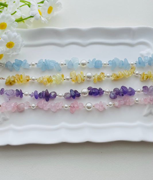 【B06】Handmade Natural Irregular Crystal Bracelet with Swarovski Pearls & Gold-Plated Findings