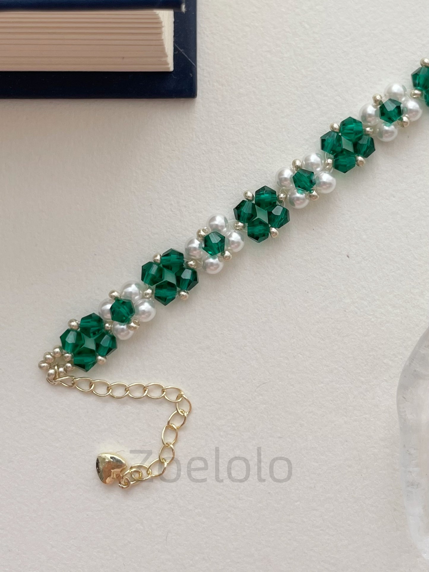【B21】Peacock Green Crystal & Pearl Stretch Bracelet | Handmade Beaded Jewelry|Vintage Luxe Style