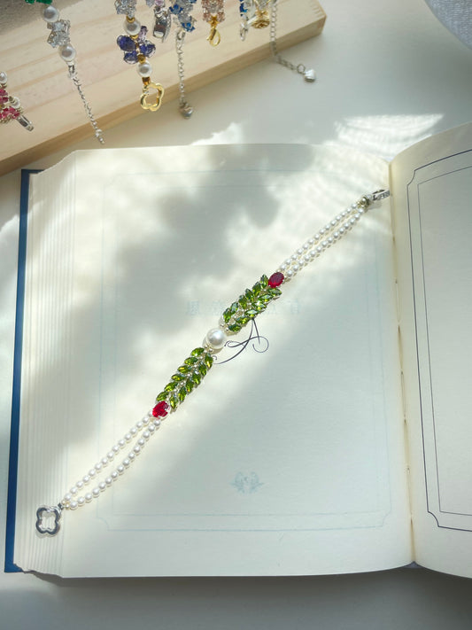 【B02】Handmade Bracele-Dew-Kissed Leaf （Pearl & Zircon ）Serenity Bracele