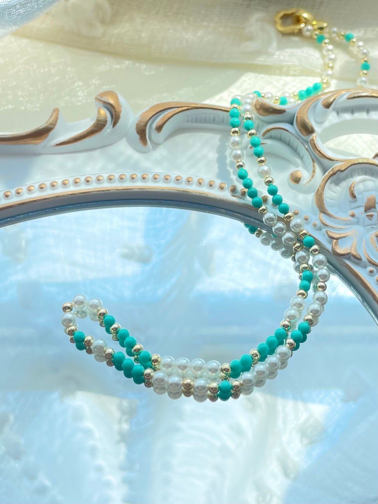 【N01】Handmade Necklace-Clear Morning（Crystal Pearl & Turquoise）