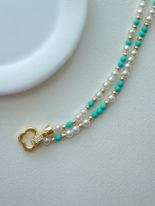【N01】Handmade Necklace-Clear Morning（Crystal Pearl & Turquoise）