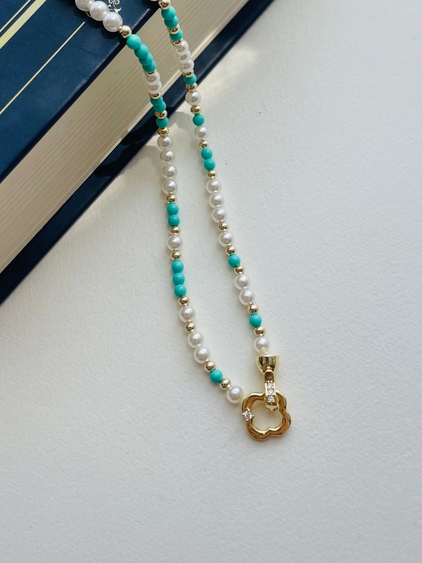 【N01】Handmade Necklace-Clear Morning（Crystal Pearl & Turquoise）