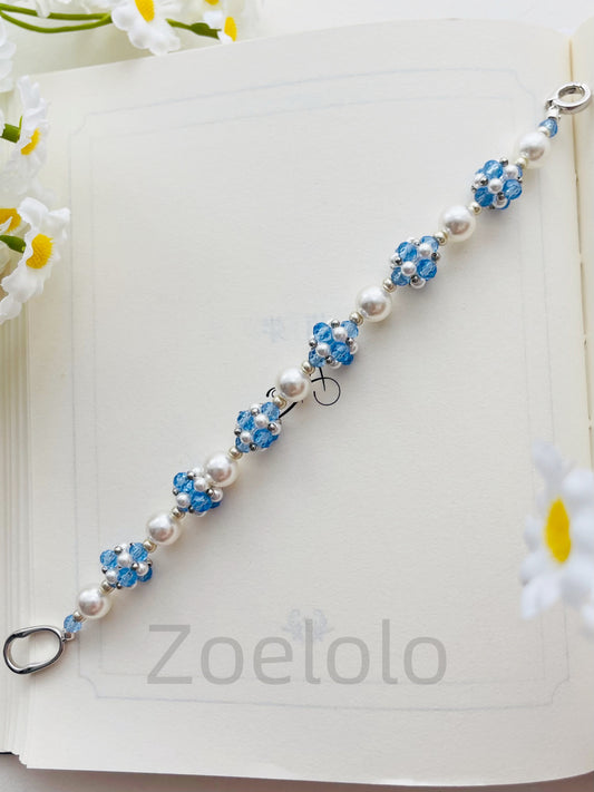 【B20】Blue Crystal & Pearl Stretch Bracelet | Handmade Beaded Jewelry