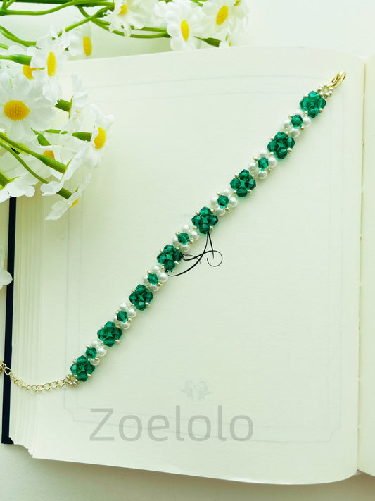 【B21】Peacock Green Crystal & Pearl Stretch Bracelet | Handmade Beaded Jewelry|Vintage Luxe Style