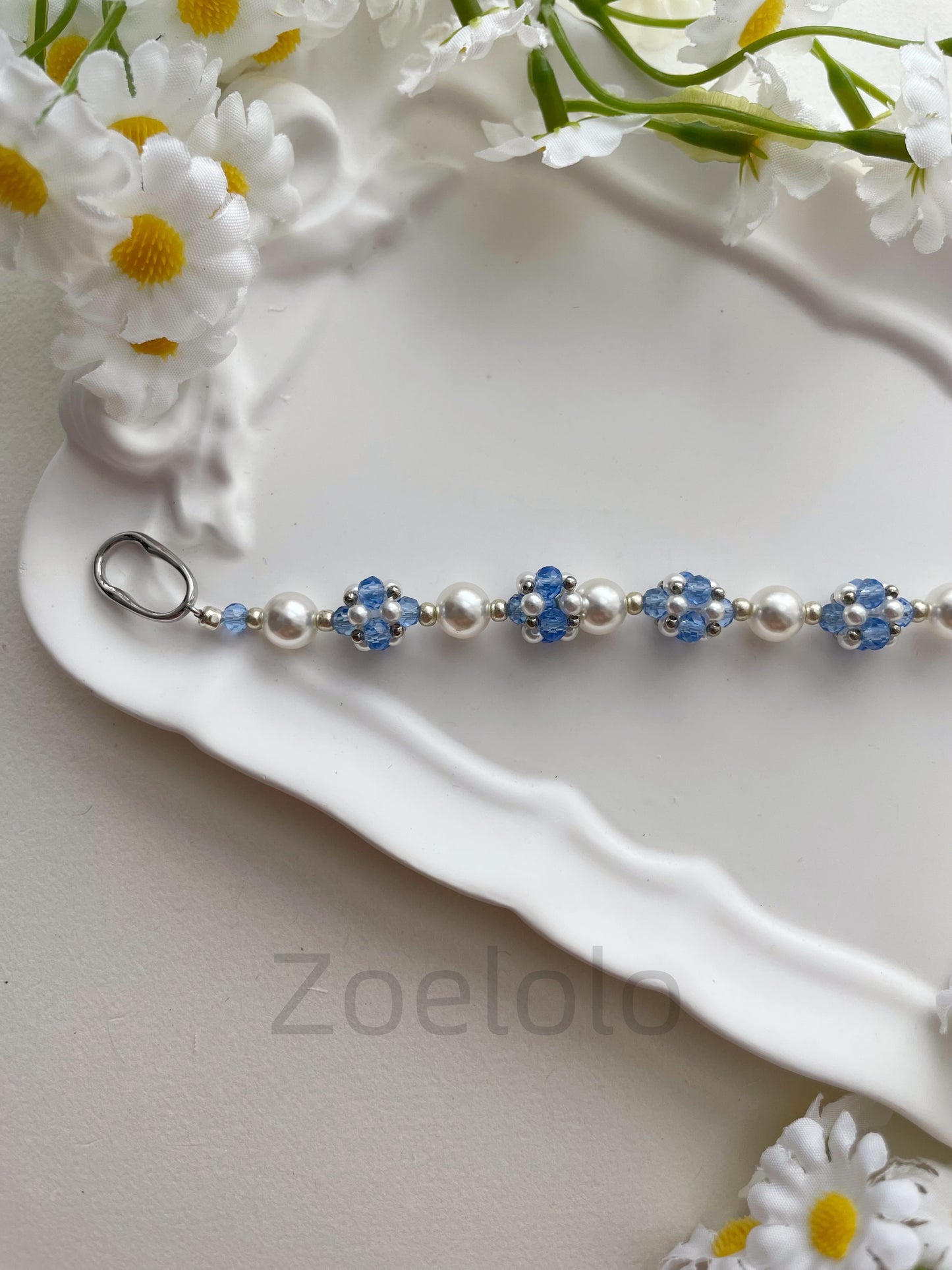 【B20】Blue Crystal & Pearl Stretch Bracelet | Handmade Beaded Jewelry